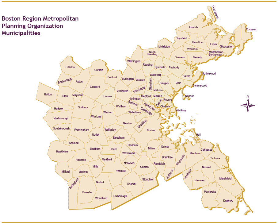 101 Boston Region Municipalities Map: This map includes the boundaries of the 101 cities and towns that are located within the region.